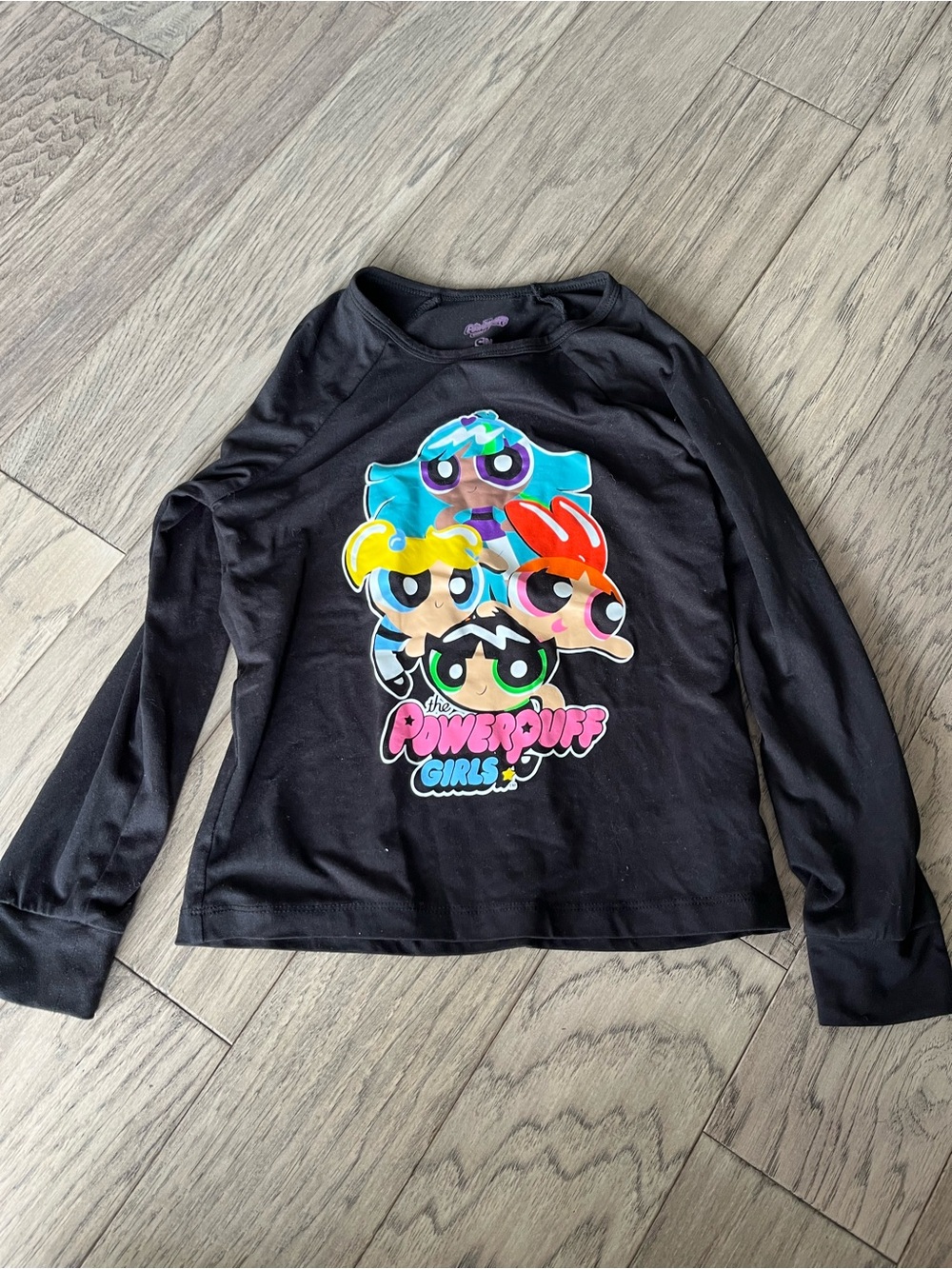 Cartoon Network Black Tee with Turquoise, Green & Purple Graphic Powerpuff Girls